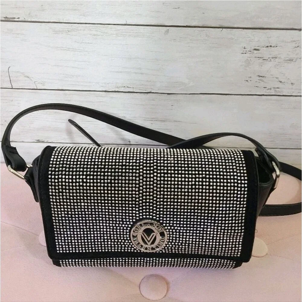 Valentino Orlandi Silver Studded Black Crossbody Bag Foldover Handbag Italy Luxe